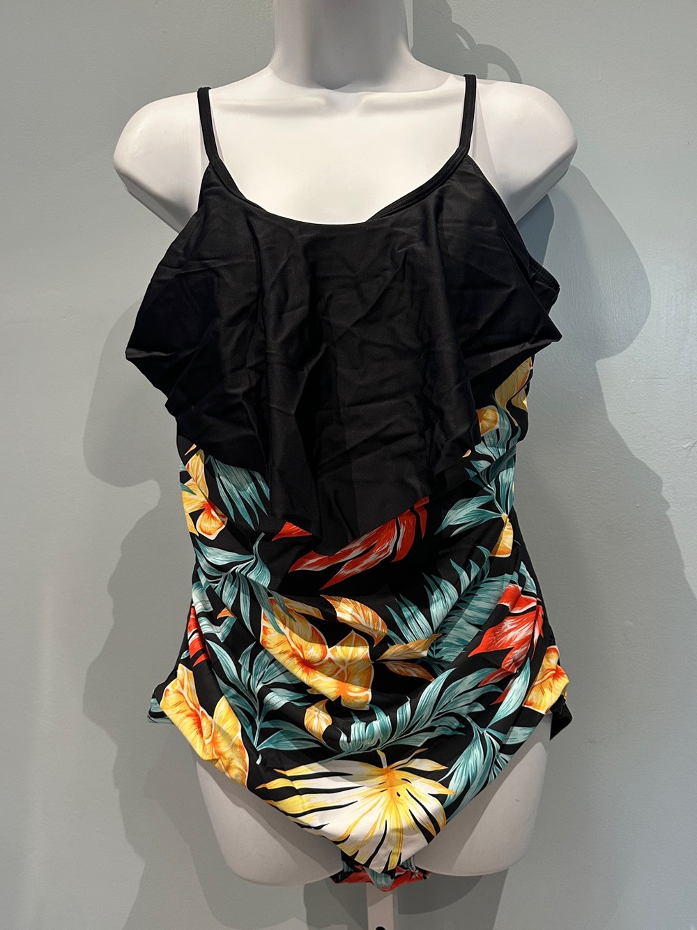 Tropical Palm Print Black Yellow Green One Piece Bathing Suit X-Large NWOT